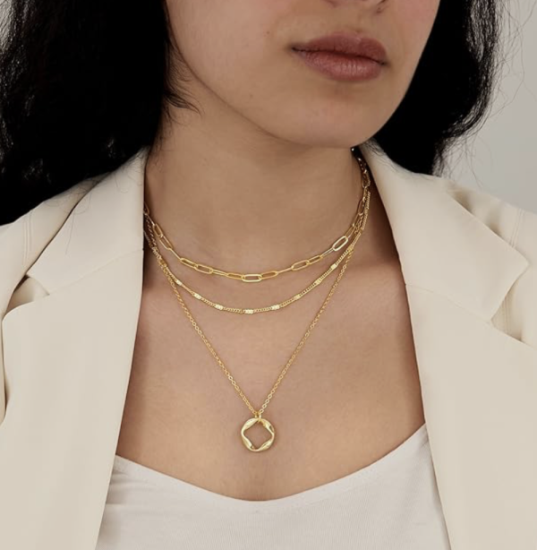 Layered Gold Necklaces for Women,Stackable Dainty 14K Gold Silver Plated Trendy Circle Paperclip Chain Pendant Choker Necklace,Simpl Diamond Cross Bow Jewelry Set Gifts for Women